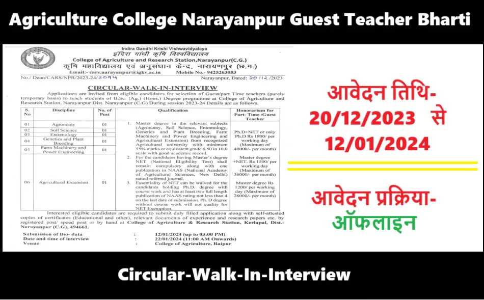 Agriculture College Narayanpur Guest Teacher Bharti 2024